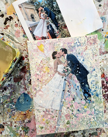 Ein Unikat in Acrylmalerei mit einem küssenden Brautpaar auf einer Leiter stehend