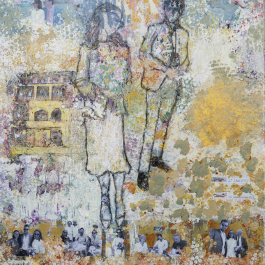 Ein Kunstwerk von einem Brautpaar mit der Hochzeitgesellschaft gemalen in Acryl im Kunstatelier in Salzburg