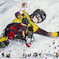 Modernes Acrylbild Naturbahnrodlerin – Geschwindigkeit, Fokus und Leichtigkeit in ausdrucksstarker Bewegung