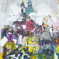 Abstraktes Kunstwerk der Salzburger Altstadt: moderne Interpretation von Kirchtürmen, Kuppeln und verborgenen Gassen, urban, geheimnisvoll und atmosphärisch