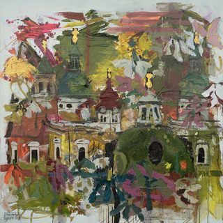 Kunstwerke aus Salzburg – Frühlingslandschaft über Salzburg in lebendigen Farben von Josefine Frauenschuh.