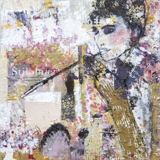 Zeitgenössisches Kunstbild von Audrey Hepburn in Collage- und Maltechnik, Gold-, Rosa- und Weißtöne, limitierter Druck.