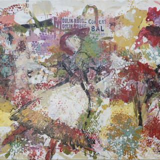 Modernes Gemälde von Josefine Frauenschuh aus Salzburg – „Tanz mit mir“ aus der Moulin-Rouge-Serie, abstrakte Farbexplosion als Hommage an Toulouse-Lautrec.