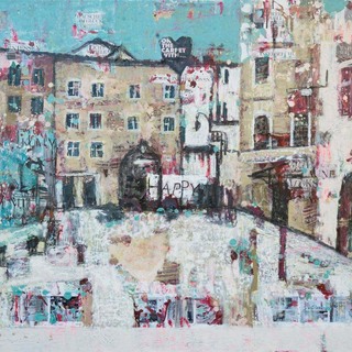 Modernes Acrylbild des Stefan-Zweig-Platzes in Salzburg mit urbanen Architekturelementen.