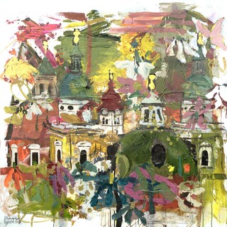 Frühlingshafte Acryldarstellung Salzburgs mit bunten Blumen und urbaner Stadtansicht.