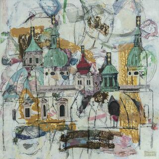 Zeitgenössisches Stadtbild Salzburgs in Acryl, urban, farbenfroh, dynamische Stadtszene.