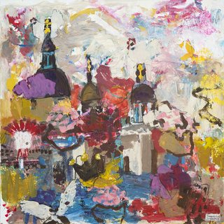 Acrylkunst Ruperti Kirtag Salzburg – fröhliche urbane Festszene, moderne Farben, stimmungsvolles Stadtmotiv.