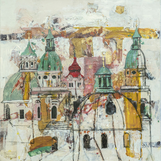 Zeitgenössisches Kunstbild der Altstadt Salzburg mit Kuppeln, Türmen und lebendiger Struktur