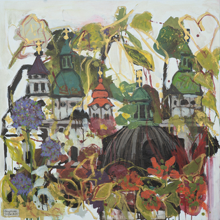 Acrylkunst Frühling über Salzburg – blühende urbane Stadtszene, modernes Stadtmotiv, lebendige Farben.