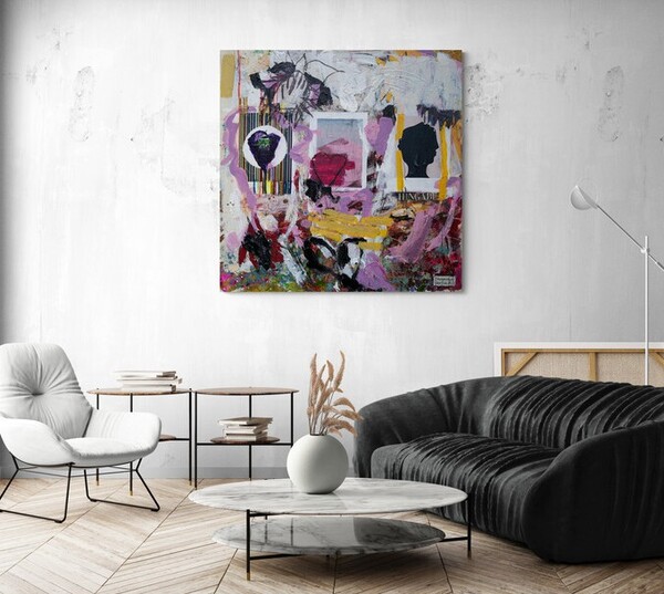 Zeitgenössisches Kunstwerk – abstraktes Portrait-Collage-Bild als modernes Wandbild für Büros.