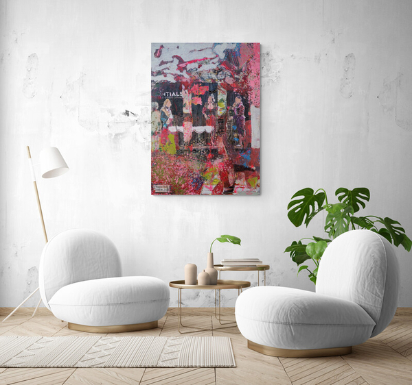 Zeitgenössisches Kunstwerk – abstrakte Collage mit urbanem Flair als modernes Wandbild.