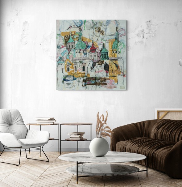 Zeitgenössisches Kunstwerk – modernes Wandbild mit Salzburg-Motiv in Collage-Stil.