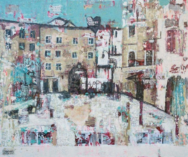 Abstraktes modernes Kunstwerk kaufen – Collage mit dem Salzburger Stefan-Zweig-Platz für kreative Räume.
