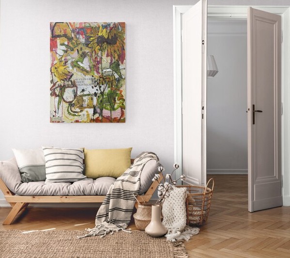 Zeitgenössisches Kunstwerk – modernes Wandbild mit floraler Collage für stilvolle Räume.