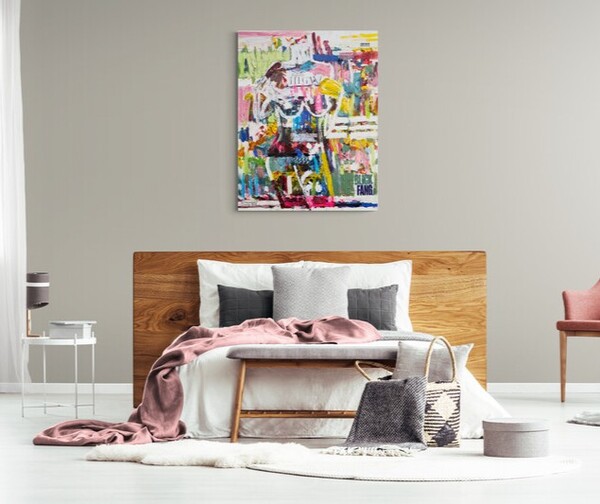 Modernes Acrylbild „Blickfang“ von Josefine Frauenschuh – farbenfrohe Kunst aus Salzburg, die Wohnräume in Szene setzt.