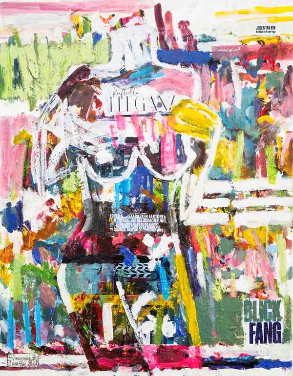Abstraktes modernes Kunstwerk kaufen – farbintensive Collage mit weiblicher Figur für stilvolle Räume.