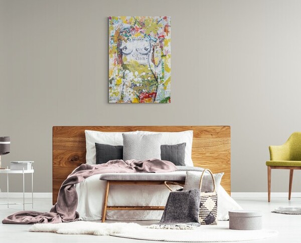 Modernes Acrylbild „Eye ChatCher“ von der Salzburger Künstlerin Josefine Frauenschuh – farbenstarkes Highlight in moderner Wohnraumgestaltung.