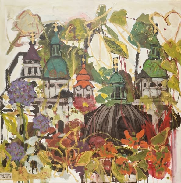 Abstraktes modernes Kunstwerk kaufen – Salzburgs Stadtansicht künstlerisch inszeniert mit floralen Elementen.