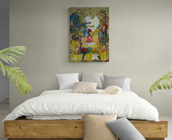 Modernes Interior im Schlafzimmer mit zeitgenössischer, abstrakter Kunst an der Wand