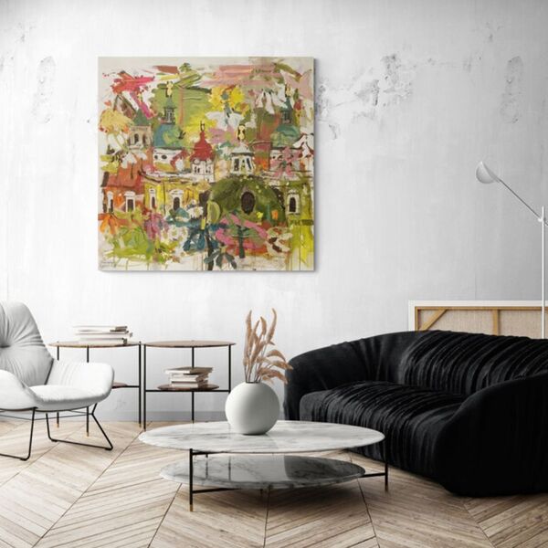 Acrylbild „Salzburg im Frühlingsrausch“ – modernes, florales Kunstwerk aus Salzburg, präsentiert im Wohnzimmer