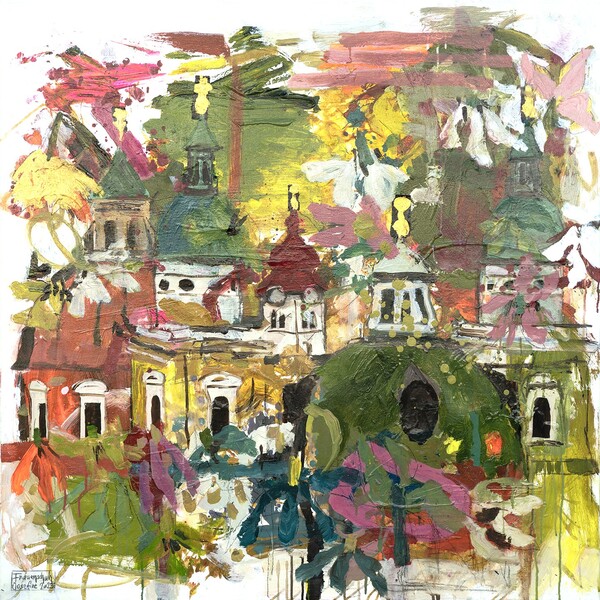 Abstraktes modernes Kunstwerk kaufen – Collage aus Stadtansicht Salzburgs und floralen Details für kreative Räume.