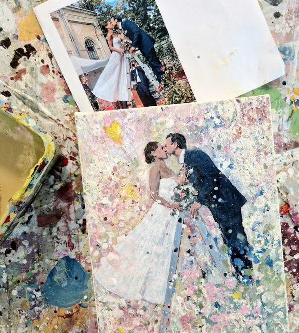 Ein Kunstwerk als Hochzeitsgeschenk-Idee - wo ein Brautpaar zu sehen ist, das sich auf einer Leiter küsst