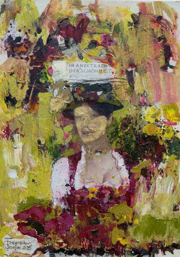 Abstraktes modernes Kunstwerk kaufen – Collage einer Dame in Tracht als Symbol Salzburger Kultur.