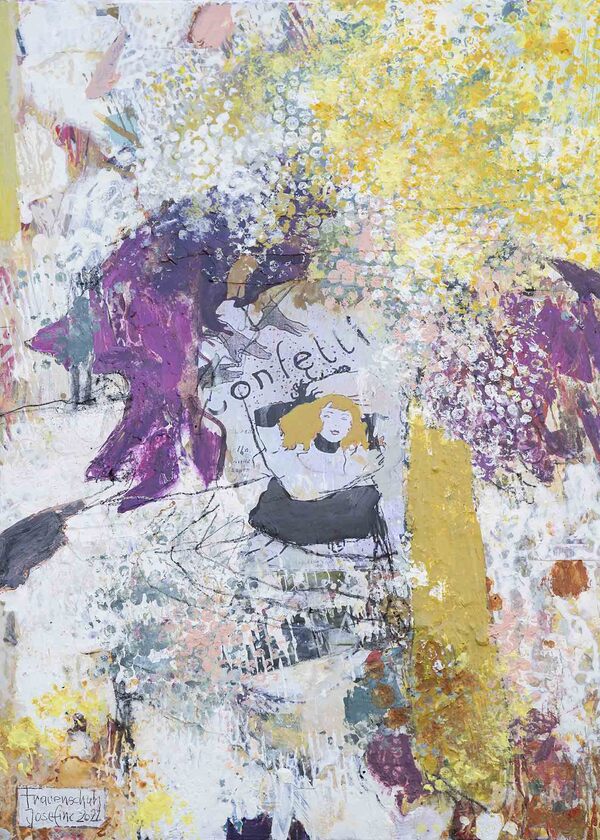 Modernes Kunstwerk – abstrahierte Kopf-Darstellung mit lebendiger Farbigkeit und Typografie.