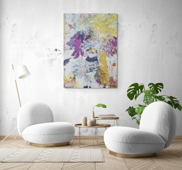 Zeitgenössisches Kunstwerk – Kopf in kräftigen Farben mit Collage-Elementen und dem Wort „Confetti“.