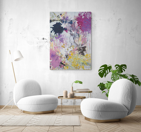 Abstraktes Kunstwerk ‚Madame du Salon‘ von Josefine Frauenschuh – elegante Komposition in Rosa- und Violetttönen, moderne Wandkunst für stilvolle Wohnräume