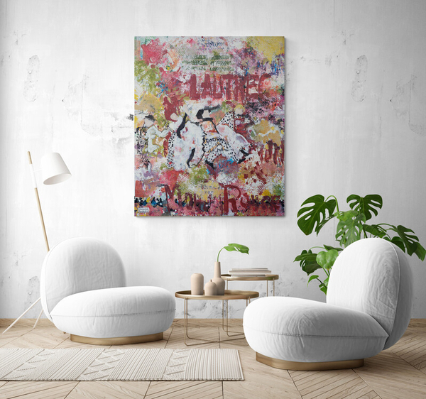 Wohnraum mit dem Kunstwerk ‚Moulin Rouge‘ von Josefine Frauenschuh – lebendige Farben und moderne Formensprache, abstrakte Kunst mit französischem Flair.