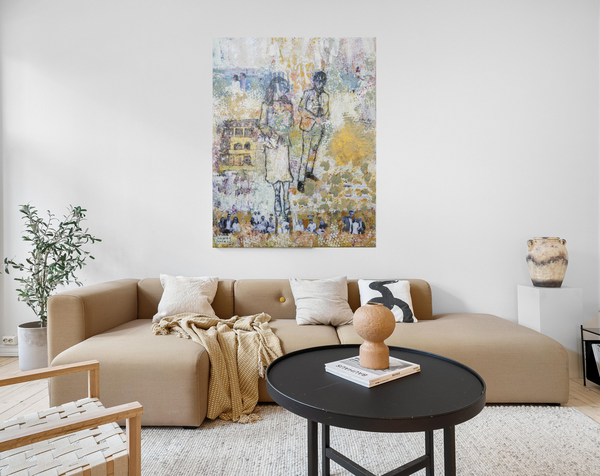 Ein Kunstwerk im Wohnzimmer an der Wand mit einem Brautpaar als Hochzeitsmotiv im Kunstatelier gemalen