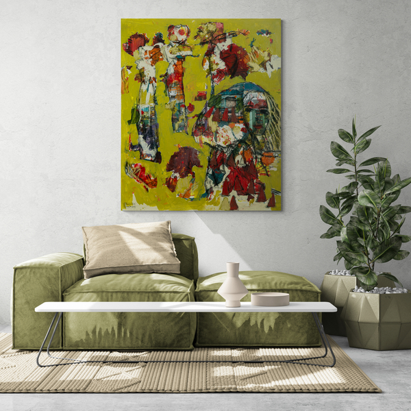 Abstraktes Originalgemälde an der Wand im Wohnzimmer oberhalb einer grünen Couch