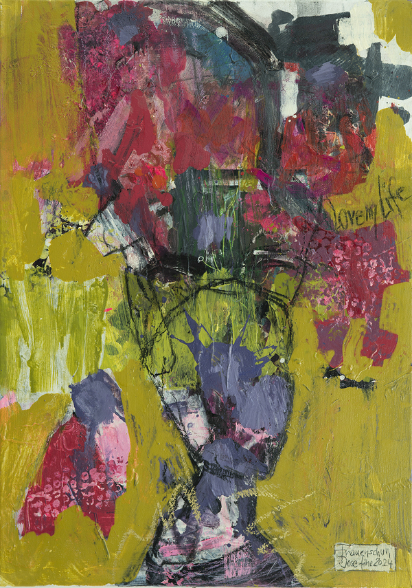 Farbenfroh, zeitgenössisches Acrylbild in Senf- und Pinktönen