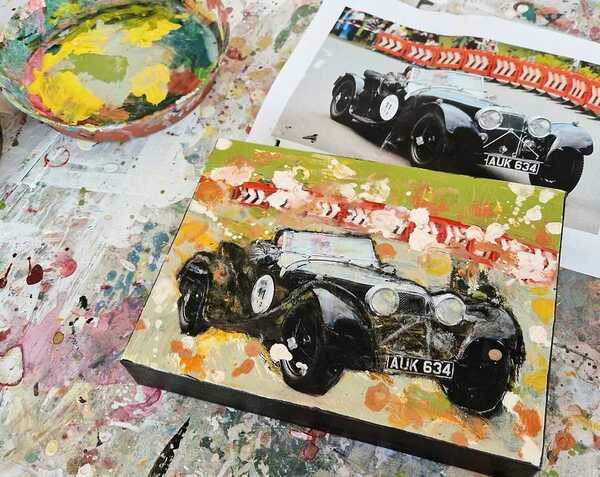 Oldtimer in leuchtenden Farben als Auftragsmalerei – ein nostalgisches Kunstwerk für Automobilenthusiasten.