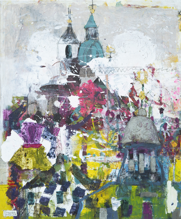 Abstraktes Salzburg Gemälde mit Kirchtürmen und Kuppeln, farbintensive moderne Kunst in lebendiger, strukturreicher Maltechnik