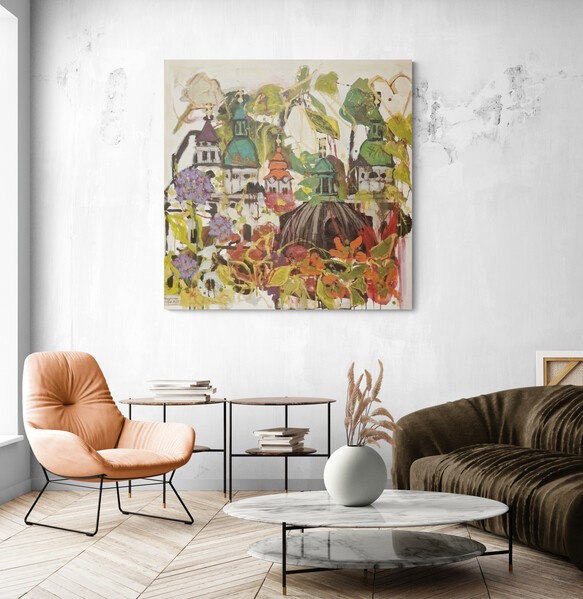 Zeitgenössisches Kunstwerk – modernes Wandbild mit Salzburgs Architektur kombiniert mit floralen Elementen.