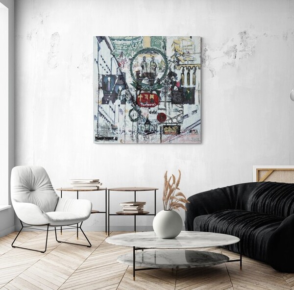 Zeitgenössisches Wandbild „Getreidegasse“ in Salzburg – modernes Kunstwerk über der Couch für Wohn- oder Büroräume.