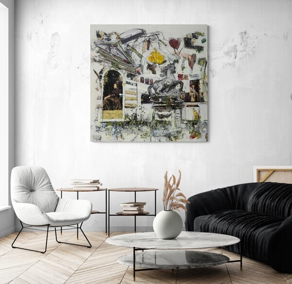 Acrylbild von Josefine Frauenschuh, das die Pferdeschwemme in Salzburg zeigt in einem farbstarken Malstil in einem modernen Wohnzimmer