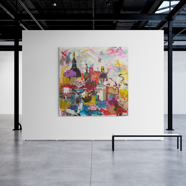 Salzburger Ruperti Kirtag – modernes, farbenfrohes Kunstwerk als Blickfang im Wohnzimmer.