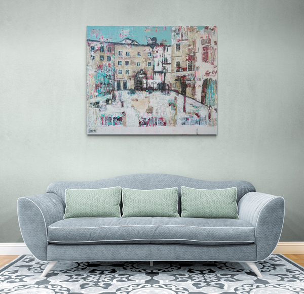 Zeitgenössisches Kunstwerk – modernes Wandbild mit Stadtansicht des Stefan-Zweig-Platzes in Salzburg.