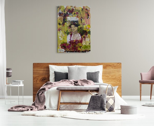 Zeitgenössisches Kunstwerk – modernes Wandbild mit Frau in Salzburger Tracht in künstlerischer Malerei.