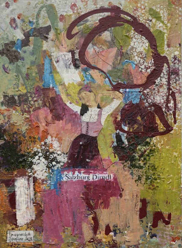 Abstraktes modernes Kunstwerk „Salzburger Tracht“ – Collage als Symbol der Salzburger Kultur, ideal als Blickfang für Wohnzimmer oder Arbeitsraum.