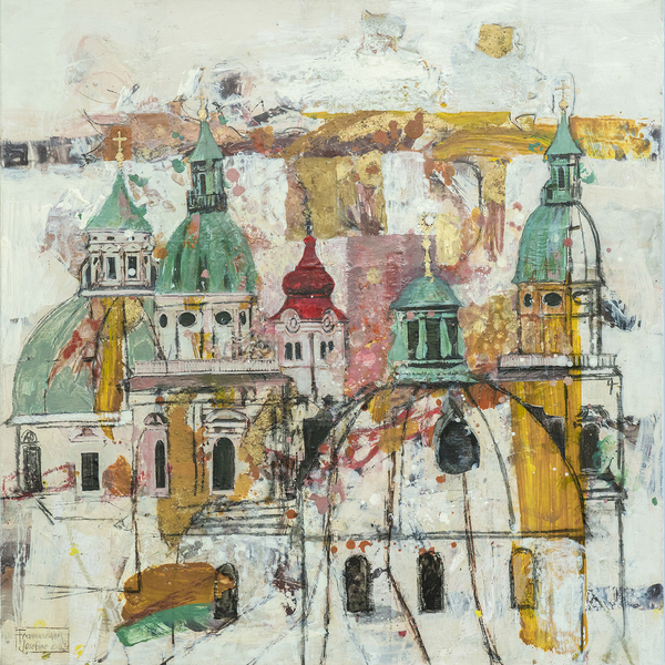 Abstraktes Kunstwerk der Salzburger Altstadt mit barocken Kirchen, grünen Kuppeln und lebendiger Farbstruktur in Gold-, Rot- und Weißtönen