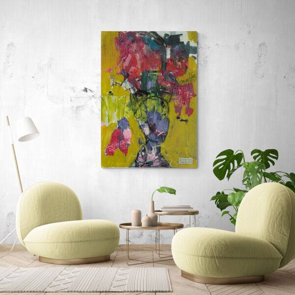 Zeitgenössisches Kunstwerk – farbintensives Wandbild in Gelb und Rot für stilvolle Büros.
