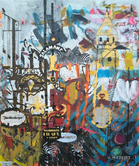 Zeitgenössisches Kunstwerk mit urbanen Elementen, inspiriert von Salzburgs Kultur und Stadtbild.