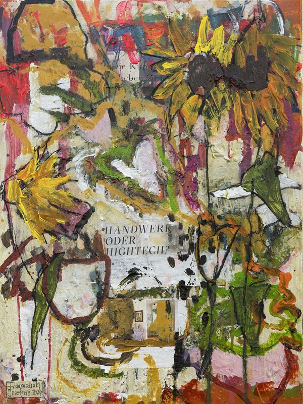 farbenfroh abstraktes Sonnenblumenkunstwerk von der Künstlerin Josefine Frauenschuh in Erdtönen